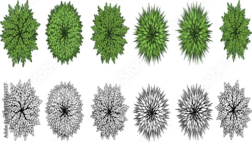 Collection of ten stylized bushes and shrubs in top view, with green foliage and black line art outlines for landscape, garden, and design visualization