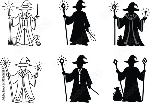 Wizard illustration set, fantasy magic icons, money conjuring figures, staff wand design, mystical economy graphic, magical wealth creation, sorcerer silhouette outline