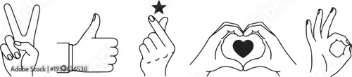 Hand Gestures Line Art Icon Set – Thumbs Up, Peace Sign, Handshake, Heart & Clapping Illustrations