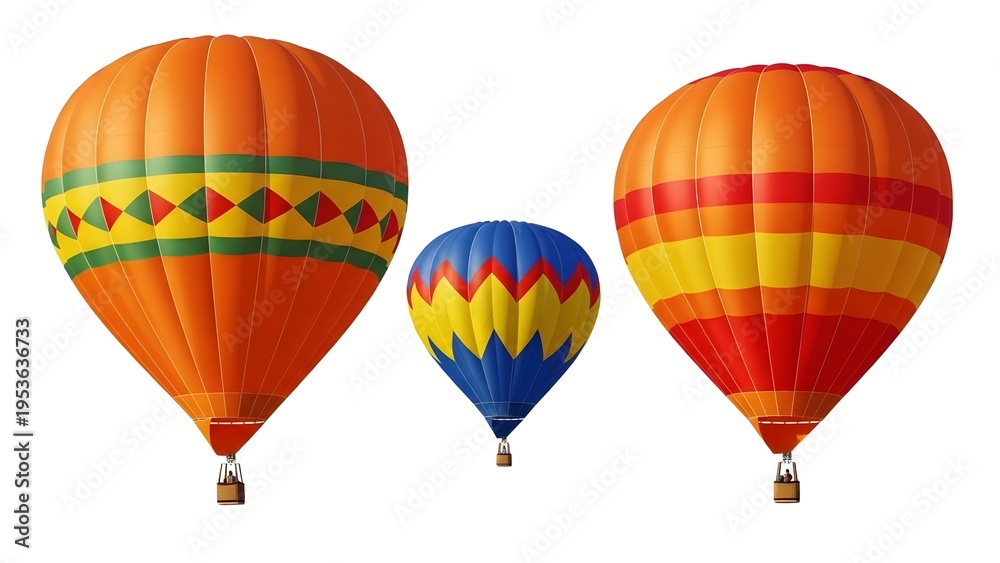 Fototapeta premium Three colorful hot air balloons floating in the sky on transparent background