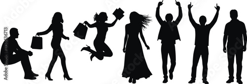 Black people silhouettes set featuring women shopping jumping with bags dancing cheering men sitting and standing for diverse lifestyle concepts