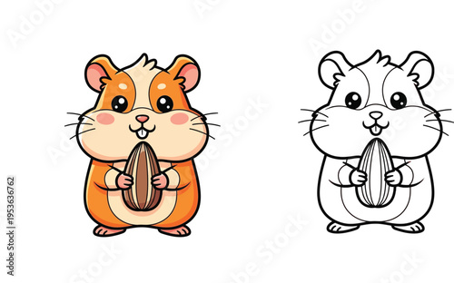 Cute Cartoon Hamster Holding Sunflower Seed Illustration Set, Colorful Character and Black and White Outline for Coloring Book, Kawaii Animal Vector Isolated on White Background