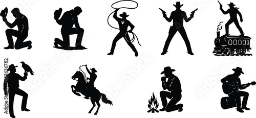 Black cowboy silhouettes set featuring western rancher with lasso, outlaw on train, horse riding, campfire, guitar player, and desert ranger icons