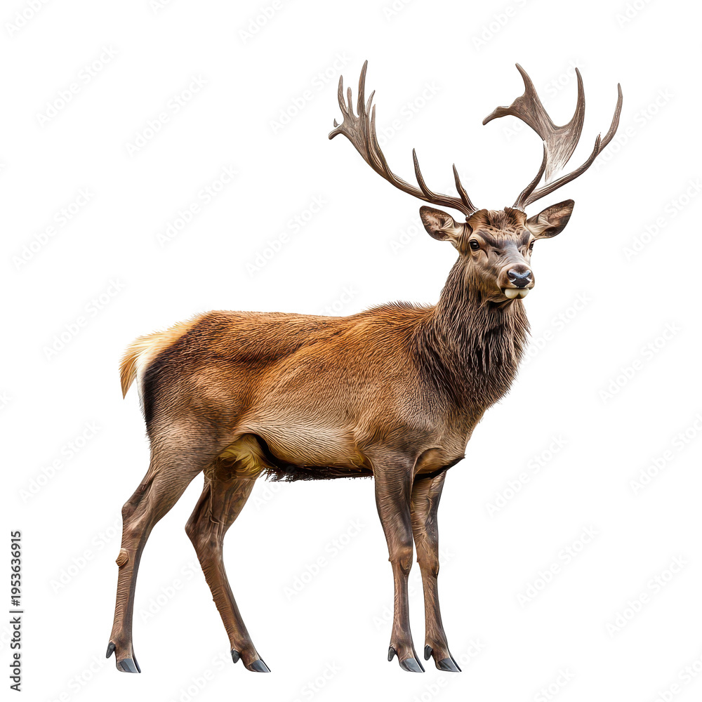 Fototapeta premium Deer stands on a white background with impressive antlers during daytime, showcasing its strong build and alert stance while looking directly ahead