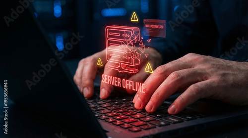 Critical Cloud Infrastructure Outage with Server Offline Red Warning Hologram on Laptop, IT Technician Hands Typing Fast to Fix Data Center System Failure and Cyber Attack