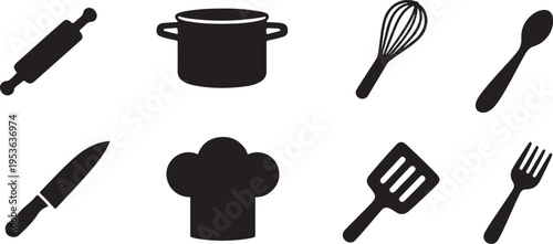 Black silhouette icons depicting various cooking utensils and a chef s hat