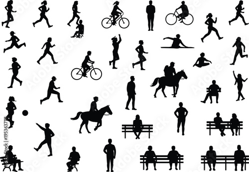 Large collection of people silhouettes doing various activities like running, cycling, horse riding, sitting on benches, and exercising in park