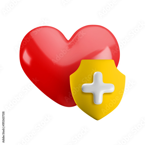 Vector cartoon 3d health protection icon. 3d render of red heart with yellow shield and medical cross. First aid sign. Antivirus safety, healthcare, immunity, medical insurance symbol for app, design.