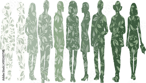 Silhouette group of diverse human figures filled with leafy botanical green patterns symbolizing nature, diversity, growth, eco lifestyle, sustainability, and environmental connection