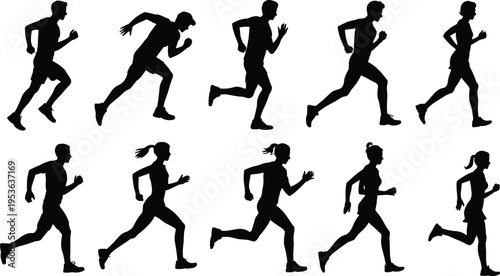 Running silhouette figures, athletic motion icons, jogging posture illustration, fitness activity design, sports movement graphic, male female runners, dynamic exercise set