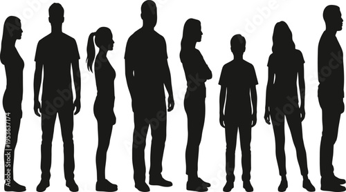 Row of seven diverse human silhouettes in black with varied heights and body shapes, plus outlined figure for design, scale, and illustration visualization