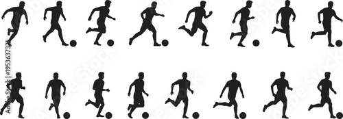 Silhouettes of soccer players in action showing motion sequence of running, dribbling, and kicking a ball for sports design concept