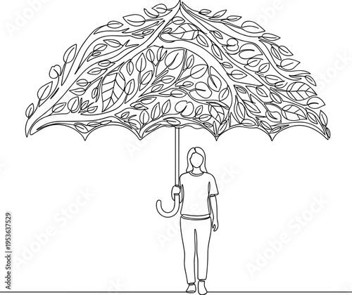 Minimalist continuous line drawing of woman holding umbrella made of leaves, environmental protection concept, eco lifestyle symbol, nature shelter idea, modern vector outline illustration