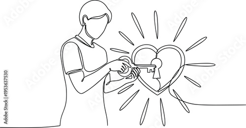 Woman holding key unlocking heart lock line art illustration symbolizing love trust relationship connection emotional healing minimal conceptual vector design