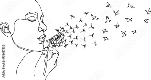 Woman blowing dandelion transforming into flying birds line art illustration symbolizing freedom dreams hope imagination minimal conceptual vector design
