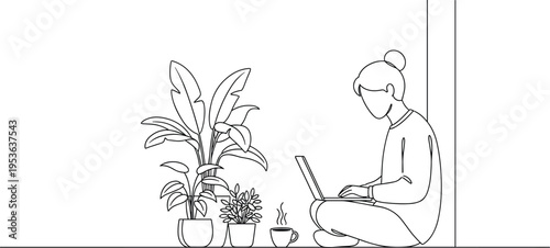 Minimalist continuous line drawing of woman working on laptop at home with plants and coffee, remote work concept, cozy workspace, modern vector outline illustration