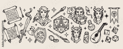 Fantasy rpg gaming doodle pattern, hand drawn dungeons and dragons, mystical dice and wizard sketch, tabletop gaming vector art, warrior and dragon illustration, magical fantasy world background, dung