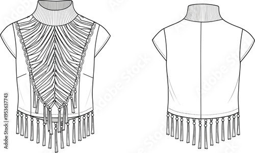 Fringed tassel knit crop top, high neck macrame style, detailed front back flat fashion sketch for technical garment design flat vector illustration
