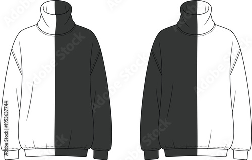 Front and back black and white turtleneck sweatshirt flat sketch, unisex pullover vector, minimal fashion cad drawing design