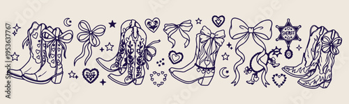 Fashion accessories hand drawn pattern, stylish boots and ribbon sketch, feminine heart and bow doodle, girl power fashion background, trendy lifestyle vector illustration, accessories design element 