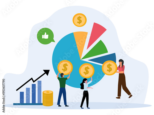 team of business people collaborating assemble pie chart golden coins thumbs up