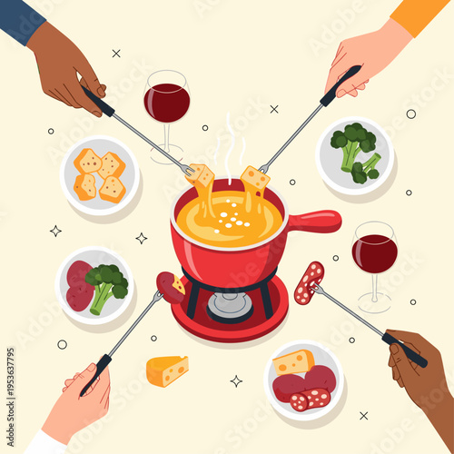 Flat Vector Illustration of a Social Cheese Fondue Dinner