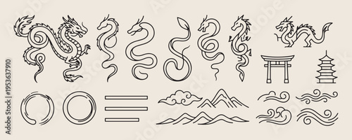snake tattoo set, reptile illustration icons, tribal snake vector, animal tattoo clipart, serpent symbols bundle, snake design elements, tattoo flash collection
