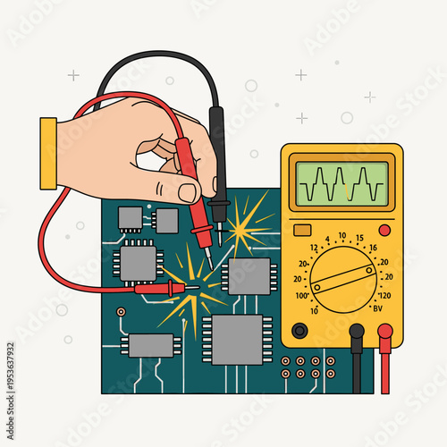 Flat Vector Illustration of Multimeter Circuit Board Test