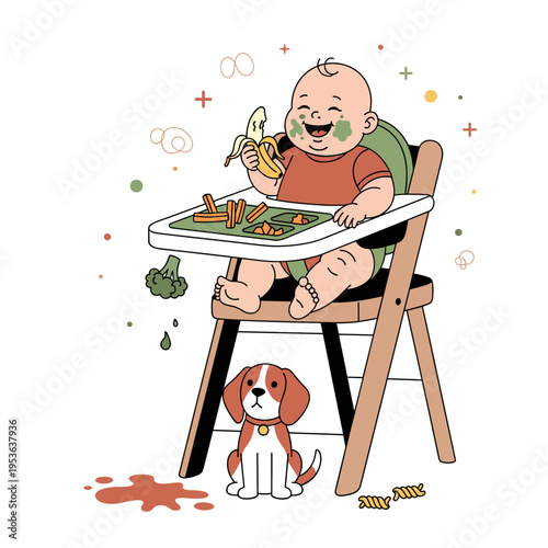 Flat Vector Illustration of Messy Baby Led Weaning Mealtime
