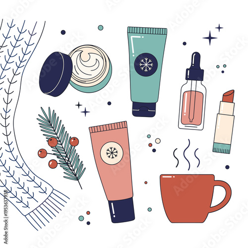 Cozy Winter Skincare Routine Flat Lay Vector Illustration