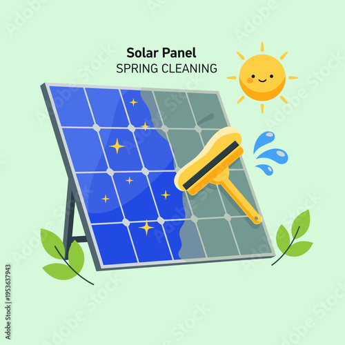 Flat Vector Illustration of Solar Panel Spring Cleaning