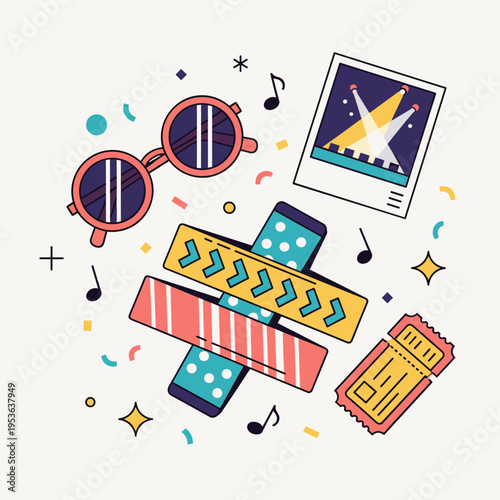Flat Vector Illustration of Music Festival Memories Flat Lay