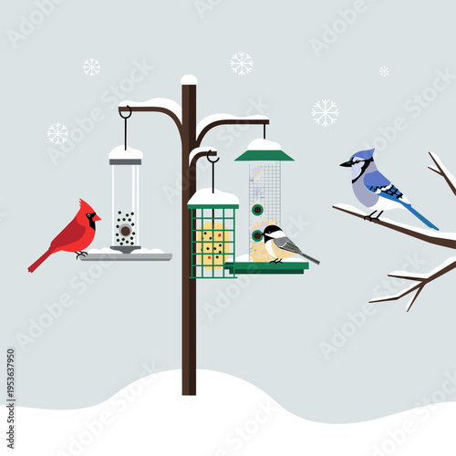 Minimalist Flat Vector Winter Bird Feeder Station Illustration