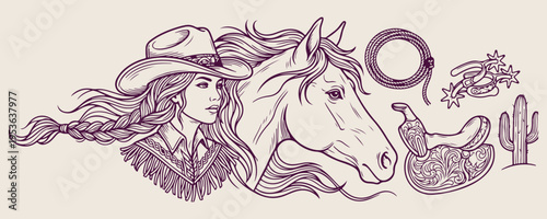 horse line art set, cowboy western illustration, animal sketch icons, ranch clipart collection, wild west symbols, horse doodle vector, western design elements