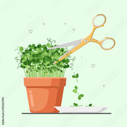 Minimalist Vector Illustration of Harvesting Homegrown Microgreens
