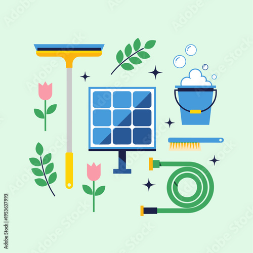Flat Vector Illustration Of A Solar Panel Spring Cleaning Kit