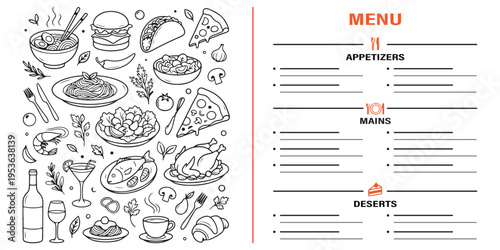 Food menu design layout, hand drawn restaurant menu sketch, italian food doodle border, culinary chalkboard style background, cafe menu vector template, snacks and drinks illustration, rustic dining f