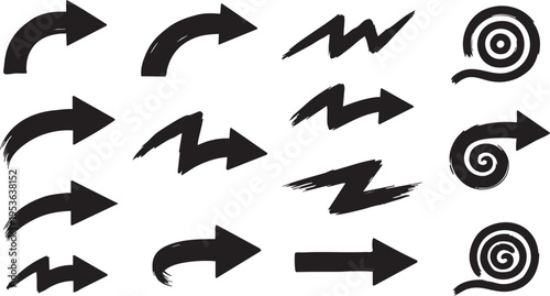 Brush Stroke Arrow Vector Set: Bold Hand-Drawn Grunge Pointers and Spirals