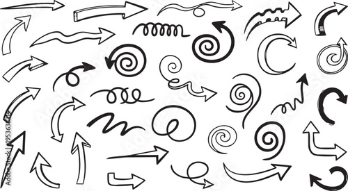 Hand-Drawn Spiral Arrow Vector Set: Sketchy Doodle Pointers and Swirls