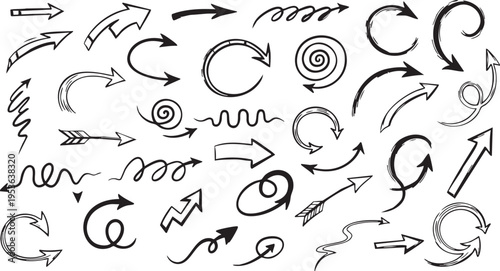 Hand-Drawn Spiral Arrow Vector Set: Sketchy Doodle Pointers and Swirls
