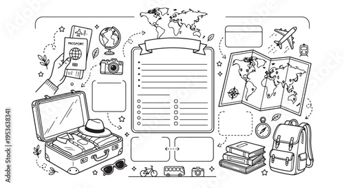 World travel planner and journal doodle, hand drawn vacation planning icons, global tourism diary and map sketch, wandering travel checklist design elements, adventure trip planning background art, tr