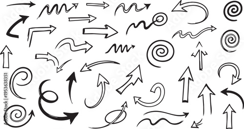 Hand-Drawn Spiral Arrow Vector Set: Sketchy Doodle Pointers and Swirls