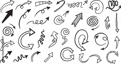 Hand-Drawn Spiral Arrow Vector Set: Sketchy Doodle Pointers and Swirls