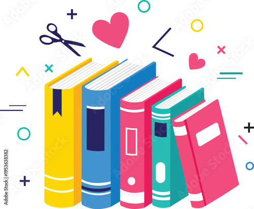 Colorful Books Stack Illustration with Scissors and Heart, Creative Education Concept, School Learning Vector Design