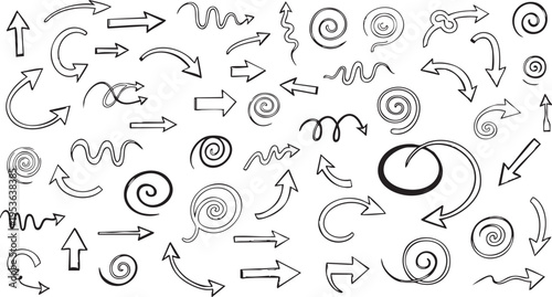 Hand-Drawn Spiral Arrow Vector Set: Sketchy Doodle Pointers and Swirls