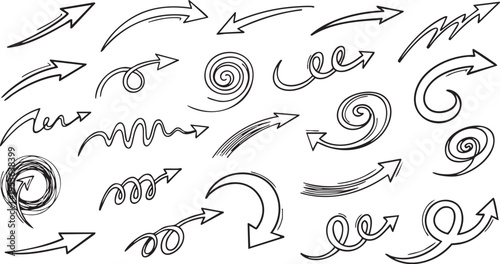 Hand-Drawn Spiral Arrow Vector Set: Sketchy Doodle Pointers and Swirls