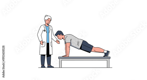 Doctor supervising man doing plank exercise on a medical bench