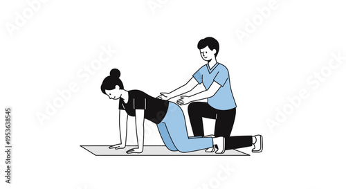 Physiotherapist assisting woman with quadruped exercise on yoga mat