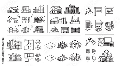Real estate and architecture icons, hand drawn house and building sketch, property development vector art, construction and home design doodle, architectural project elements set, urban living and hou