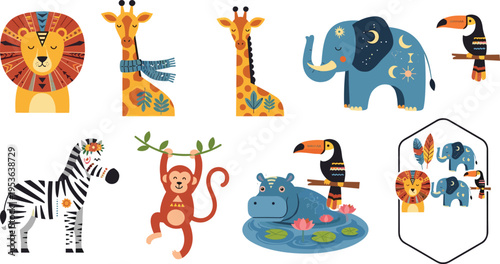 Stylized Safari Animal Vector Collection Featuring Folk Art Patterned Lion Elephant Giraffe Zebra and Monkey for Nursery Wall Art Childrens Room Decor and Whimsical Jungle Designs